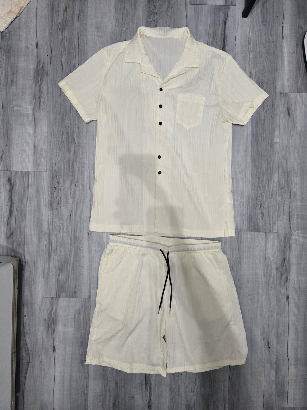 SHEIN Men's Cream Short-Sleeve Button-Down Camp Shirt & Shorts Set